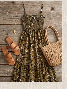 #84 Mustard Floral Smocked Midi Dress